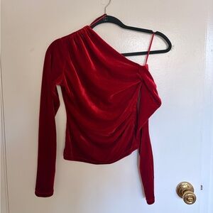 Mango Red One-Shoulder Velvet Long Sleeve Top